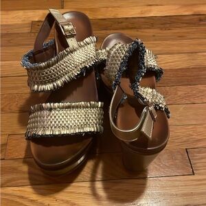 Wanted Women Platform Shoes Sandals Wedge Heel 8 Fringe faux leather gold